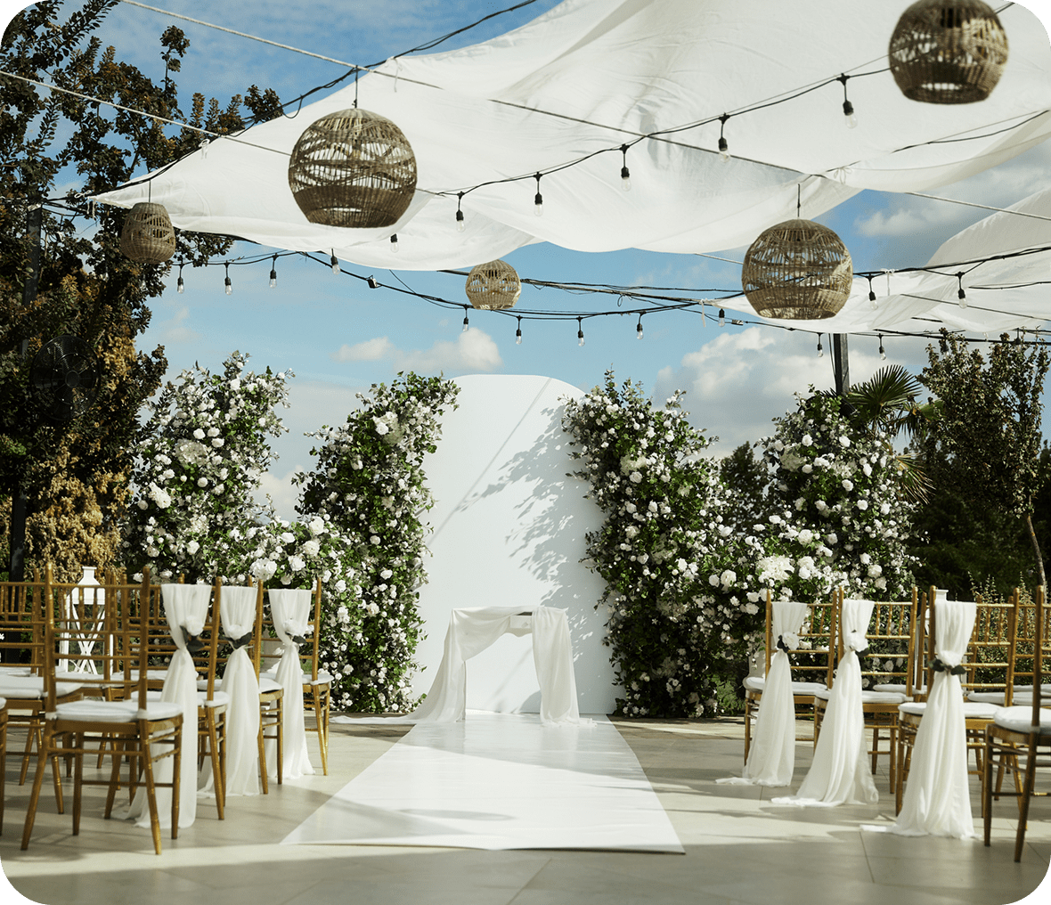 Outdoor wedding aisle with floral decorations.