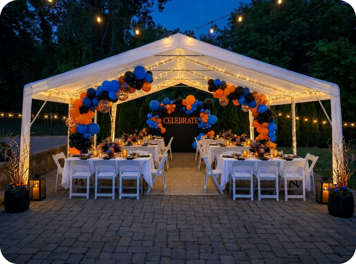 Elegant evening event under lighted canopy